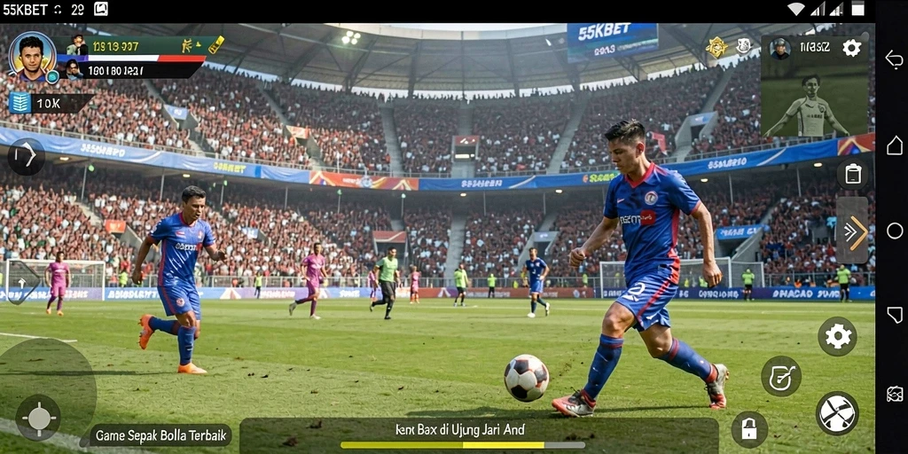 Screenshot utama 55KBET menampilkan aksi gameplay sepak bola yang menarik.