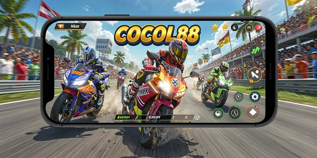 Screenshot COCOL88 menampilkan aksi balapan motor yang mendebarkan.