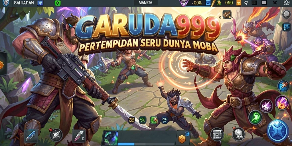 Tangkapan layar utama GARUDA999 menampilkan aksi pertempuran seru dalam gameplay MOBA.