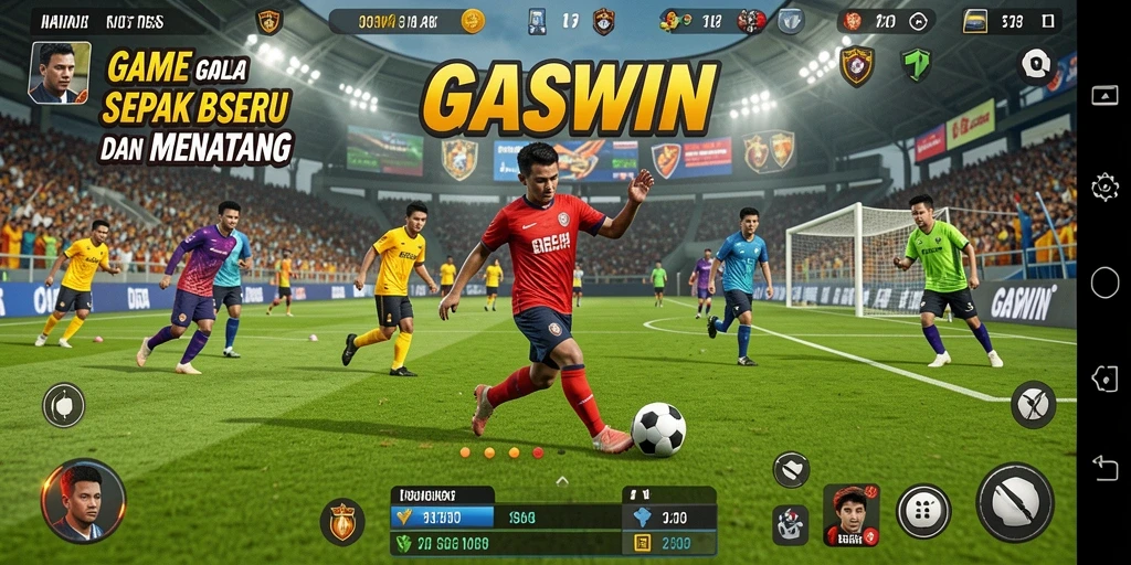 Tampilan gameplay seru dalam GASWIN dengan aksi sepak bola yang mendebarkan.