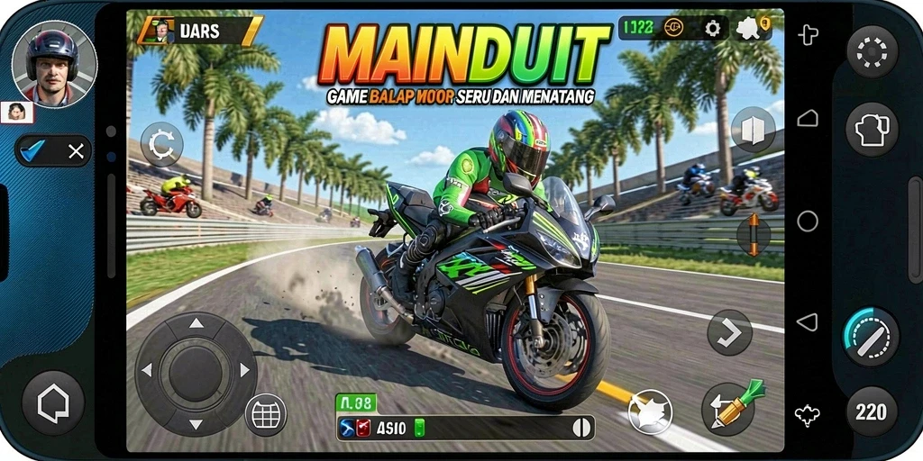 Tampilan gameplay seru di <strong>MAINDUIT</strong> dengan balapan motor mendebarkan.
