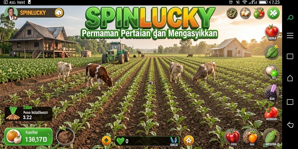 Gameplay SPINLUCKY menampilkan kebun yang kaya dengan berbagai tanaman dan hewan.